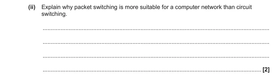 June 2023 AS Paper 1, question 6(a)(ii): Explain why packet switching is more suitable for a computer network than circuit switching. [2]