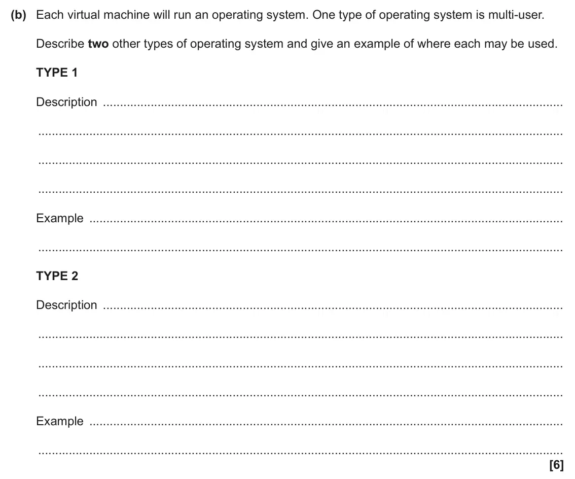 June 2024 AS Paper 1, question 3(b): Each virtual machine will run an operating system. One type of operating system is multi-user. Describe two other types of operating system and give an example