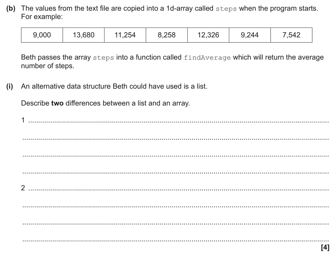 June 2025 AS Paper 1, question 6(b)(i): An alternative data structure Beth could have used is a list. Describe two differences between a list and an array. 1 2 [4]