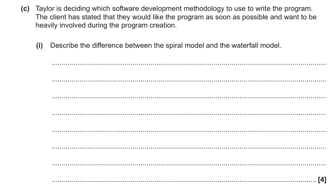 June 2023 AS Paper 2, question 2(c)(i): Describe the difference between the spiral model and the waterfall model. [4]