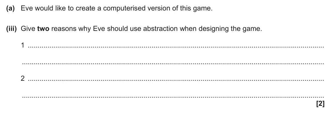 June 2024 AS Paper 2, question 1(a)(iii): Give two reasons why Eve should use abstraction when designing the game. 1 2 [2]