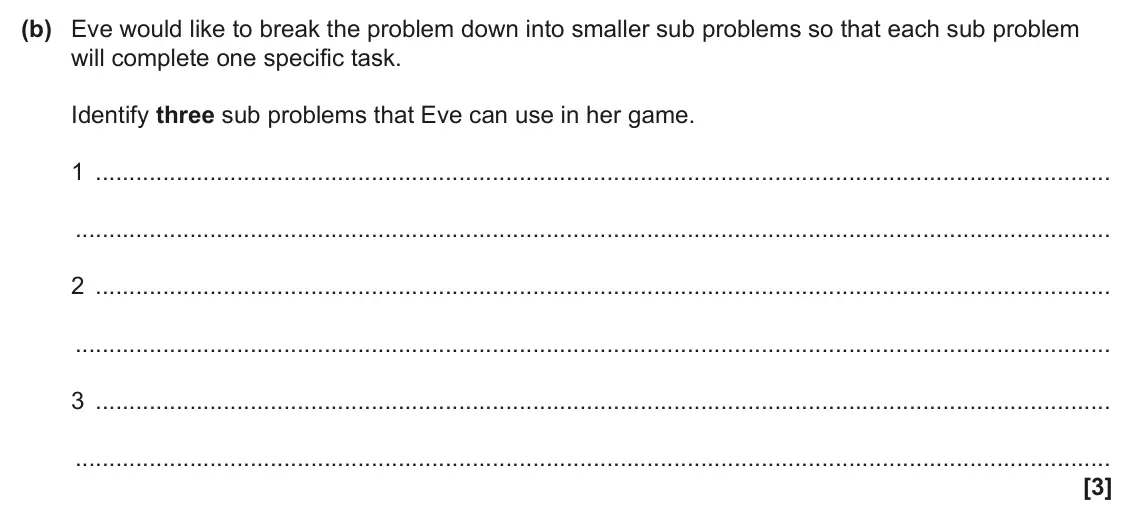 June 2024 AS Paper 2, question 1(b): Eve would like to break the problem down into smaller sub problems so that each sub problem will complete one specific task. Identify three sub problems that Ev