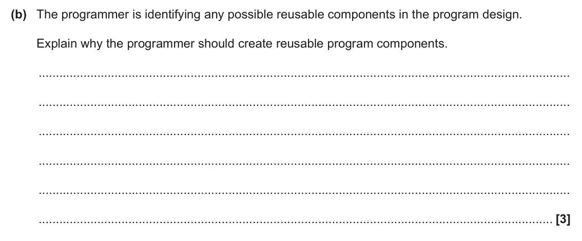 June 2025 AS Paper 2, question 1(b): The programmer is identifying any possible reusable components in the program design. Explain why the programmer should create reusable program components. [3]