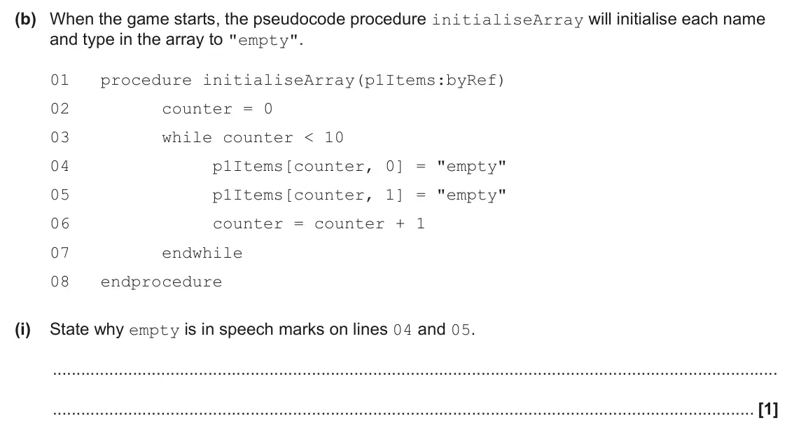 June 2025 AS Paper 2, question 2(b)(i): State why empty is in speech marks on lines 04 and 05. [1]
