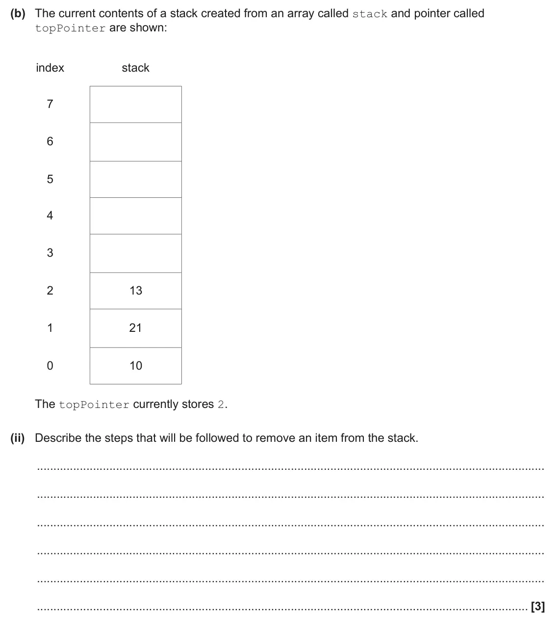 June 2025 AS Paper 2, question 6(b)(ii): Describe the steps that will be followed to remove an item from the stack. [3]