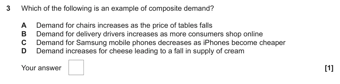 June 2022 AS Paper 1, question 3: Which of the following is an example of composite demand? A Demand for chairs increases as the price of tables falls B Demand for delivery drivers increases as 
