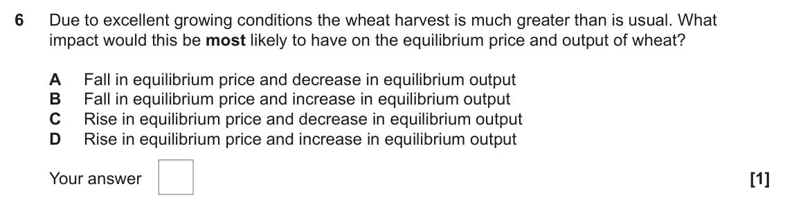 June 2022 AS Paper 1, question 6: Due to excellent growing conditions the wheat harvest is much greater than is usual. What impact would this be most likely to have on the equilibrium price and 