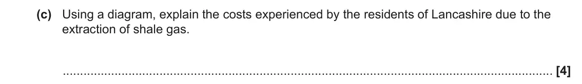 June 2022 AS Paper 1, question 16(c): Using a diagram, explain the costs experienced by the residents of Lancashire due to the extraction of shale gas. [4]