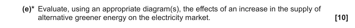 June 2022 AS Paper 1, question 16(e): (e)* Evaluate, using an appropriate diagram(s), the effects of an increase in the supply of alternative greener energy on the electricity market. [10]