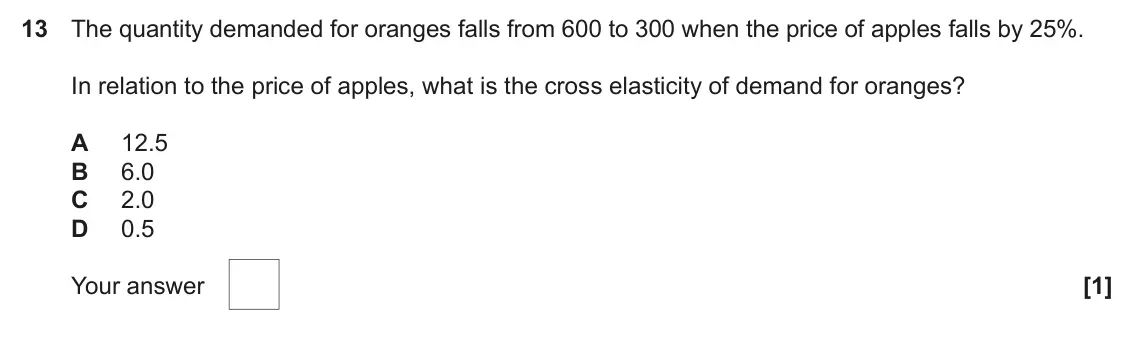 June 2023 AS Paper 1, question 13: The quantity demanded for oranges falls from 600 to 300 when the price of apples falls by 25%. In relation to the price of apples, what is the cross elasticity 