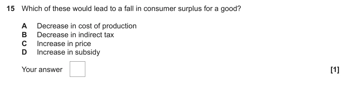 June 2023 AS Paper 1, question 15: Which of these would lead to a fall in consumer surplus for a good? A Decrease in cost of production B Decrease in indirect tax C Increase in price D Increase i