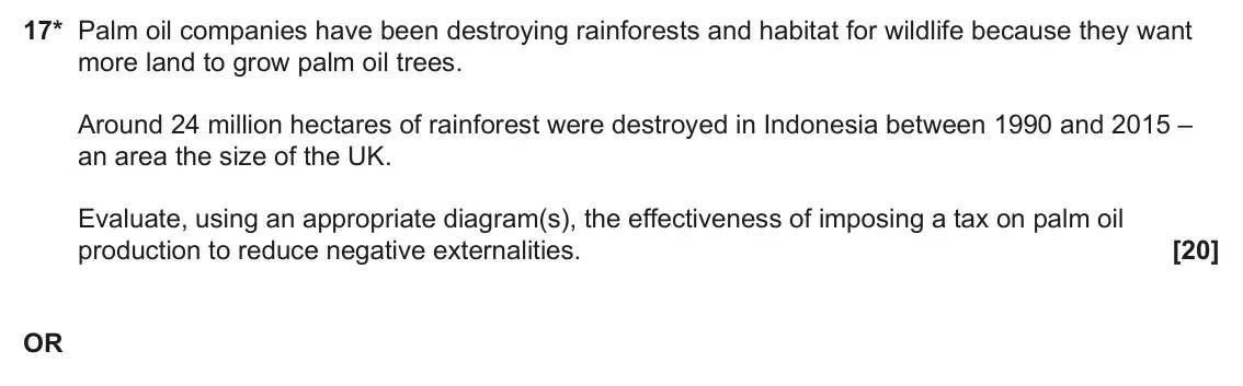 June 2023 AS Paper 1, question 17: 17* Palm oil companies have been destroying rainforests and habitat for wildlife because they want more land to grow palm oil trees. Around 24 million hectares