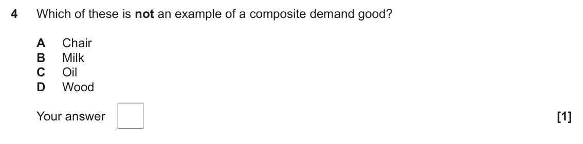 June 2024 AS Paper 1, question 4: Which of these is not an example of a composite demand good? A Chair B Milk C Oil D Wood [1]