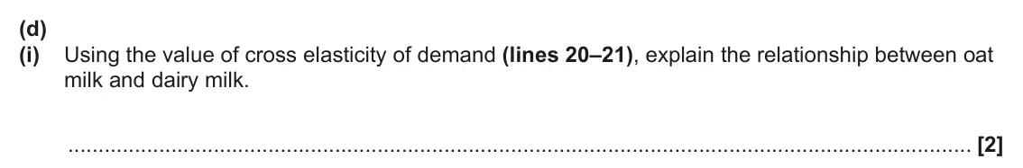 June 2024 AS Paper 1, question 16(d)(i): Using the value of cross elasticity of demand (lines 20–21), explain the relationship between oat milk and dairy milk. [2]