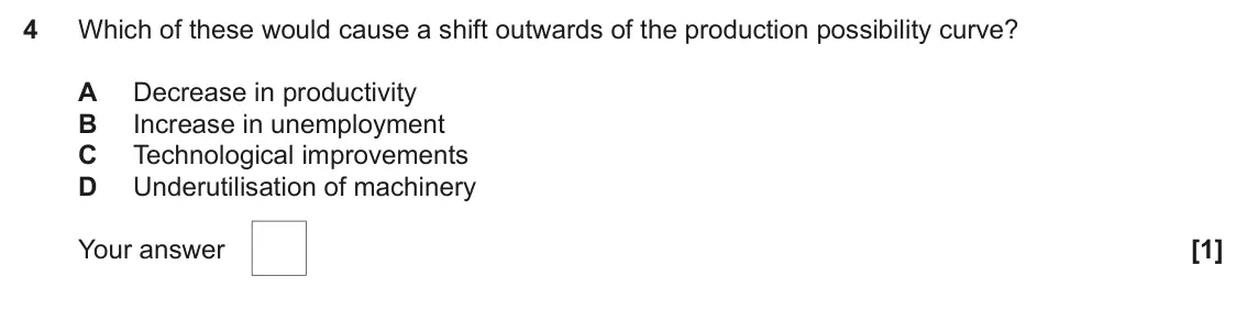 June 2025 AS Paper 1, question 4: Which of these would cause a shift outwards of the production possibility curve? A Decrease in productivity B Increase in unemployment C Technological improveme
