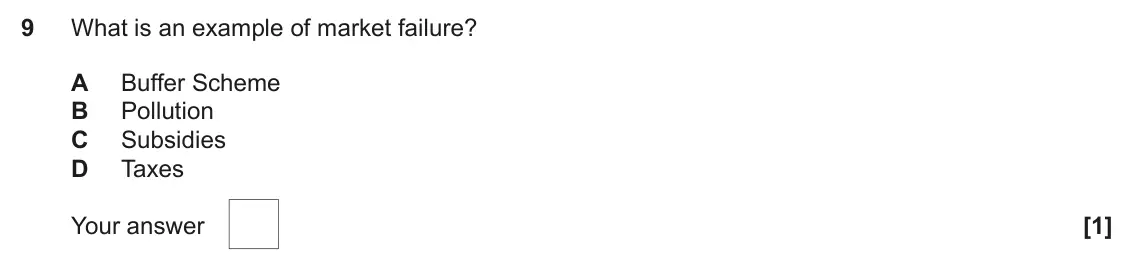 June 2025 AS Paper 1, question 9: What is an example of market failure? A Buffer Scheme B Pollution C Subsidies D Taxes [1]