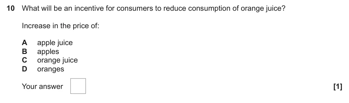 June 2025 AS Paper 1, question 10: What will be an incentive for consumers to reduce consumption of orange juice? Increase in the price of: A apple juice B apples C orange juice D oranges [1]