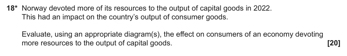 June 2025 AS Paper 1, question 18: 18* Norway devoted more of its resources to the output of capital goods in 2022. This had an impact on the country’s output of consumer goods. Evaluate, using a