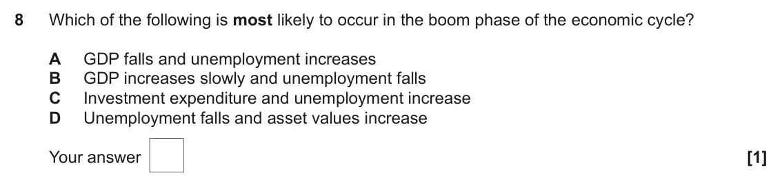 June 2022 AS Paper 2, question 8: Which of the following is most likely to occur in the boom phase of the economic cycle? A GDP falls and unemployment increases B GDP increases slowly and unempl