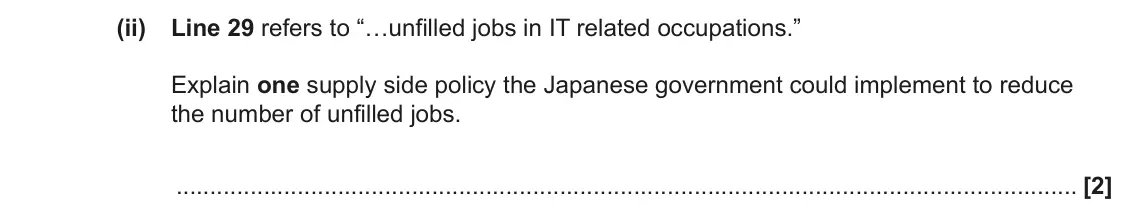 June 2022 AS Paper 2, question 16(a)(ii): Line 29 refers to “…unfilled jobs in IT related occupations.” Explain one supply side policy the Japanese government could implement to reduce the number of unf