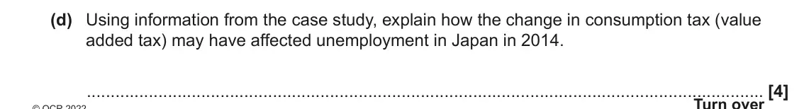 June 2022 AS Paper 2, question 16(d): Using information from the case study, explain how the change in consumption tax (value added tax) may have affected unemployment in Japan in 2014. [4]