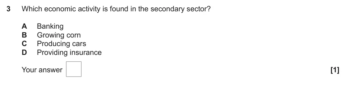 June 2023 AS Paper 2, question 3: Which economic activity is found in the secondary sector? A Banking B Growing corn C Producing cars D Providing insurance [1]