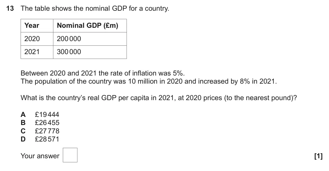 June 2023 AS Paper 2, question 13: The table shows the nominal GDP for a country. Year Nominal GDP (£m) 2020 200 000 2021 300 000 Between 2020 and 2021 the rate of inflation was 5%. The populatio