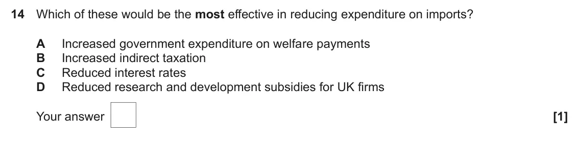 June 2023 AS Paper 2, question 14: Which of these would be the most effective in reducing expenditure on imports? A Increased government expenditure on welfare payments B Increased indirect taxat