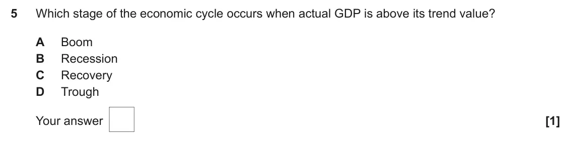 June 2024 AS Paper 2, question 5: Which stage of the economic cycle occurs when actual GDP is above its trend value? A Boom B Recession C Recovery D Trough [1]