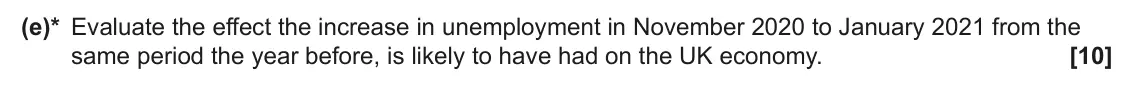 June 2024 AS Paper 2, question 16(e): (e)* Evaluate the effect the increase in unemployment in November 2020 to January 2021 from the same period the year before, is likely to have had on the UK eco
