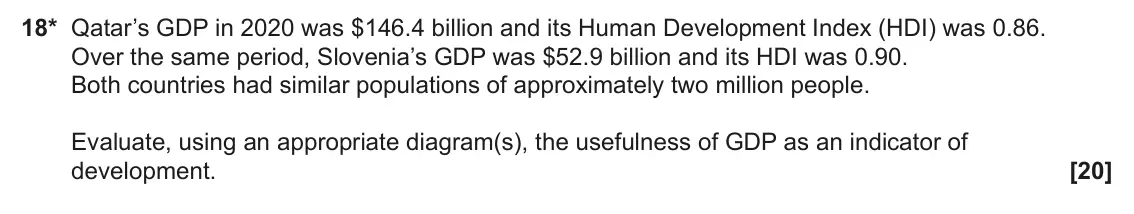 June 2024 AS Paper 2, question 18: 18* Qatar’s GDP in 2020 was $146.4 billion and its Human Development Index (HDI) was 0.86. Over the same period, Slovenia’s GDP was $52.9 billion and its HDI wa