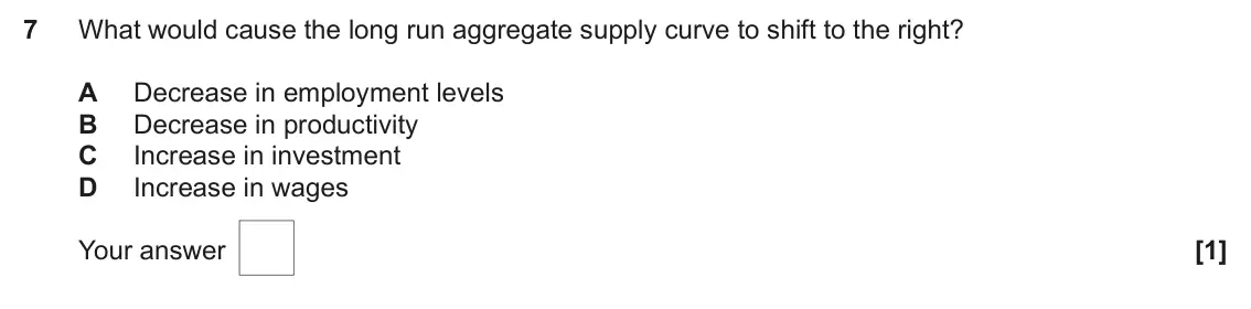 June 2025 AS Paper 2, question 7: What would cause the long run aggregate supply curve to shift to the right? A Decrease in employment levels B Decrease in productivity C Increase in investment 