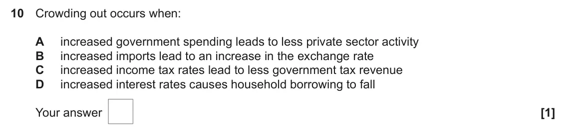 June 2025 AS Paper 2, question 10: Crowding out occurs when: A increased government spending leads to less private sector activity B increased imports lead to an increase in the exchange rate C i