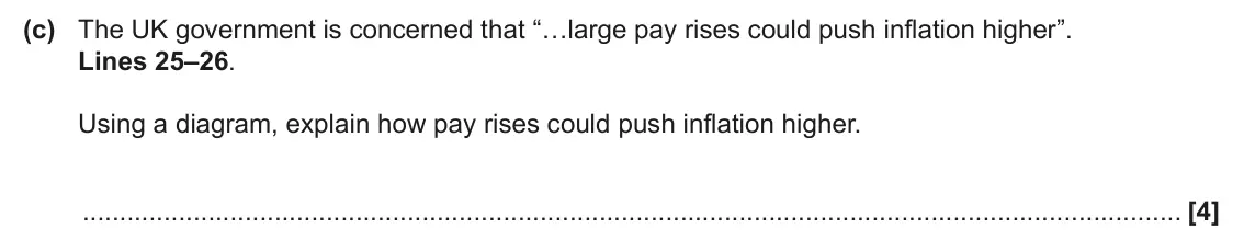 June 2025 AS Paper 2, question 16(c): The UK government is concerned that “…large pay rises could push inflation higher”. Lines 25–26. Using a diagram, explain how pay rises could push inflation hig