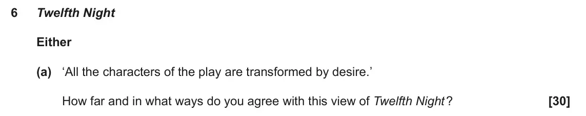 June 2022 AS Component 1, question 6(a): ‘All the characters of the play are transformed by desire.’ How far and in what ways do you agree with this view of Twelfth Night ?