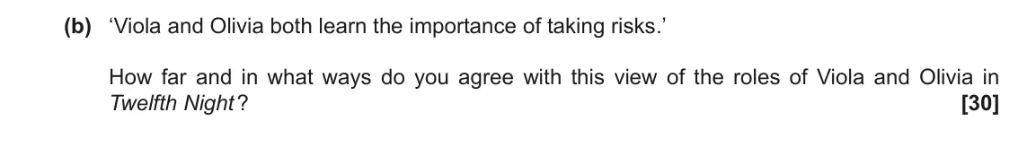 June 2022 AS Component 1, question 6(b): ‘Viola and Olivia both learn the importance of taking risks.’ How far and in what ways do you agree with this view of the roles of Viola and Olivia in Twelfth N