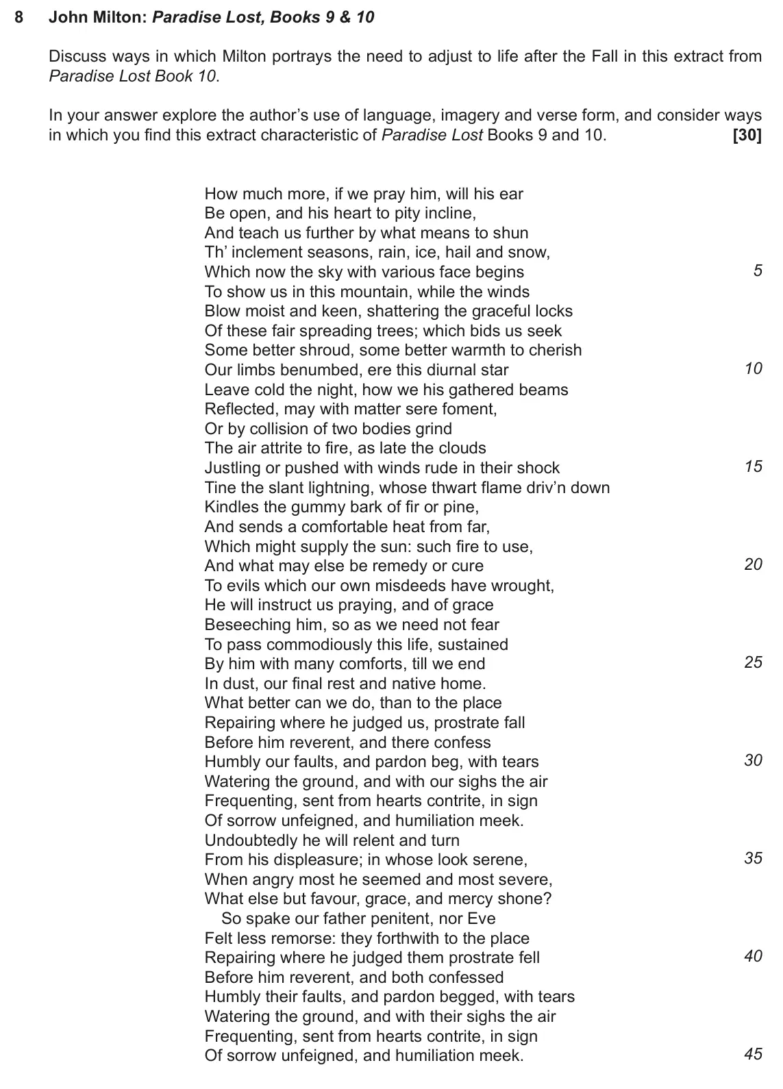 June 2022 AS Component 1, question 8: John Milton: Paradise Lost, Books 9 & 10 Discuss ways in which Milton portrays the need to adjust to life after the Fall in this extract from Paradise Lost Book