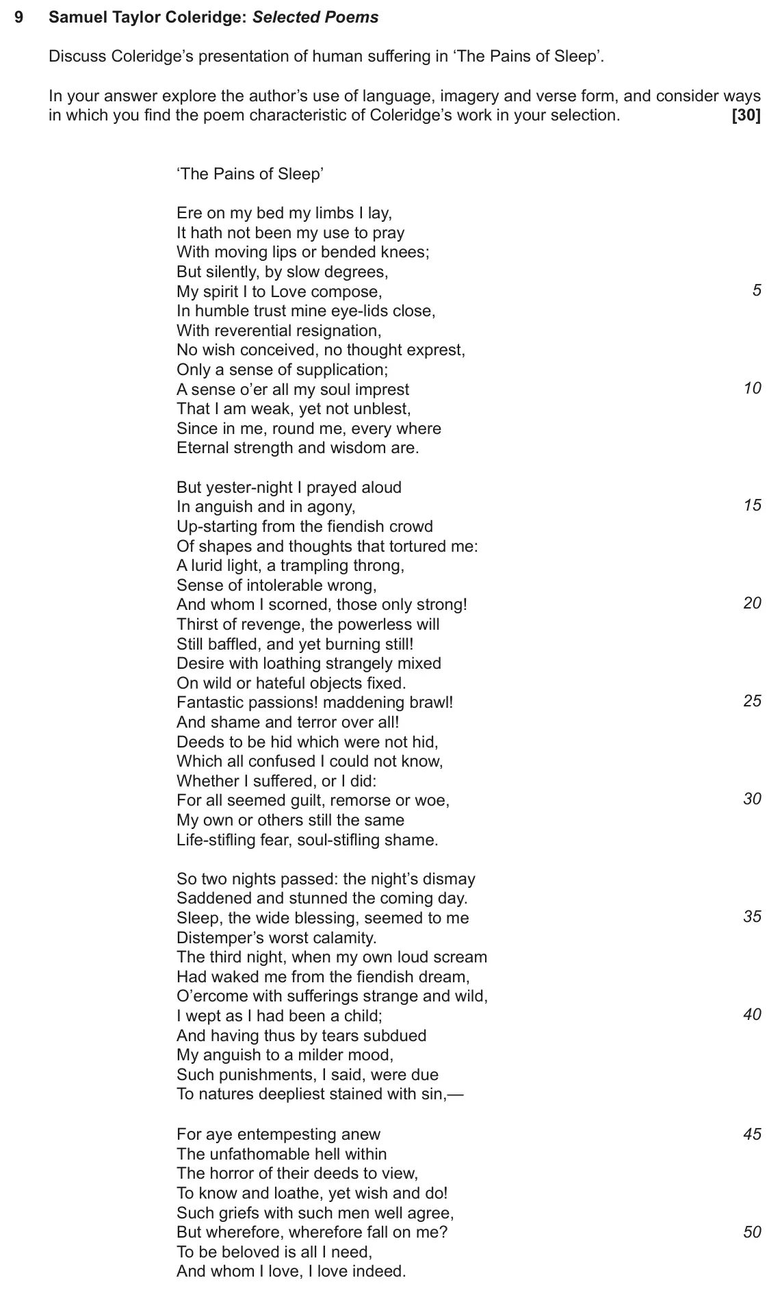June 2022 AS Component 1, question 9: Samuel Taylor Coleridge: Selected Poems Discuss Coleridge’s presentation of human suffering in ‘The Pains of Sleep’. In your answer explore the author’s use of 