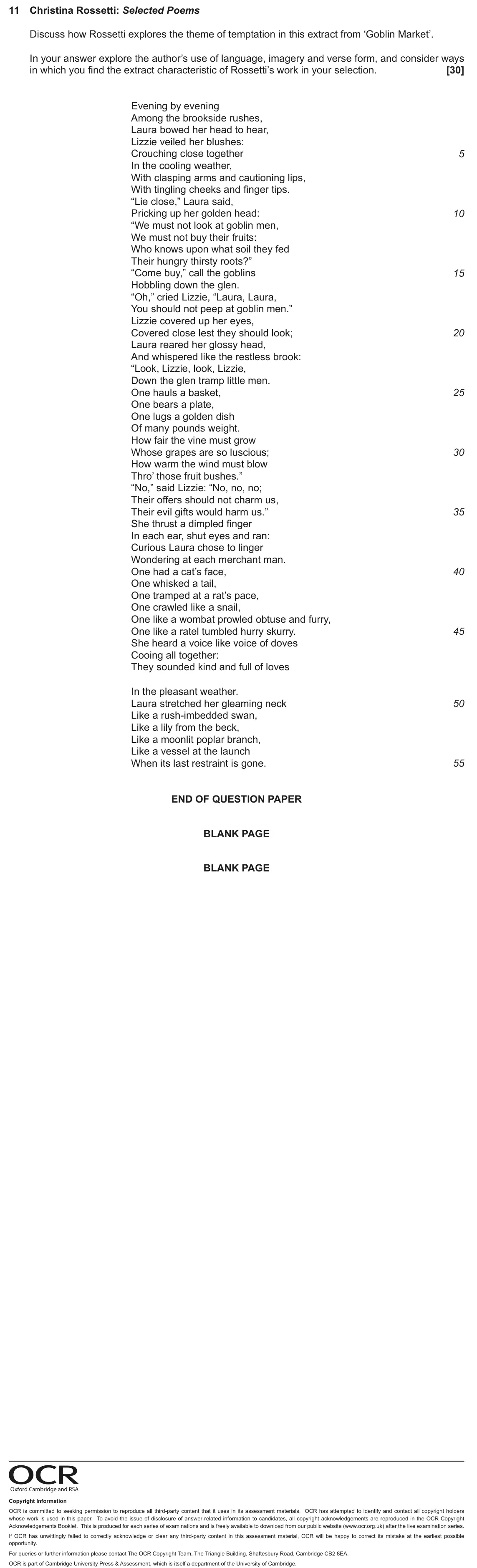 June 2022 AS Component 1, question 11: Christina Rossetti: Selected Poems Discuss how Rossetti explores the theme of temptation in this extract from ‘Goblin Market’. In your answer explore the author
