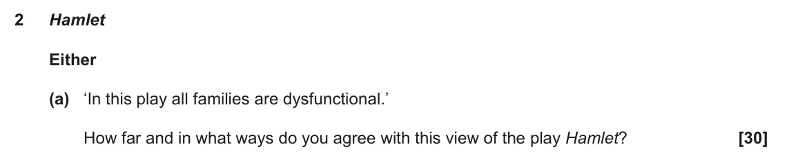 June 2023 AS Component 1, question 2(a): ‘In this play all families are dysfunctional.’ How far and in what ways do you agree with this view of the play Hamlet?