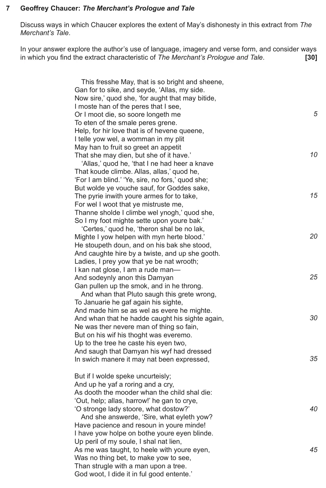 June 2023 AS Component 1, question 7: Geoffrey Chaucer: The Merchant’s Prologue and Tale Discuss ways in which Chaucer explores the extent of May’s dishonesty in this extract from The Merchant’s Tal