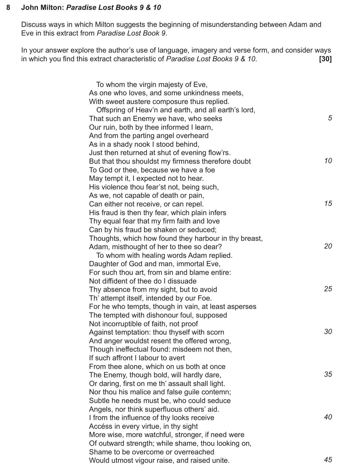 June 2023 AS Component 1, question 8: John Milton: Paradise Lost Books 9 & 10 Discuss ways in which Milton suggests the beginning of misunderstanding between Adam and Eve in this extract from Paradi