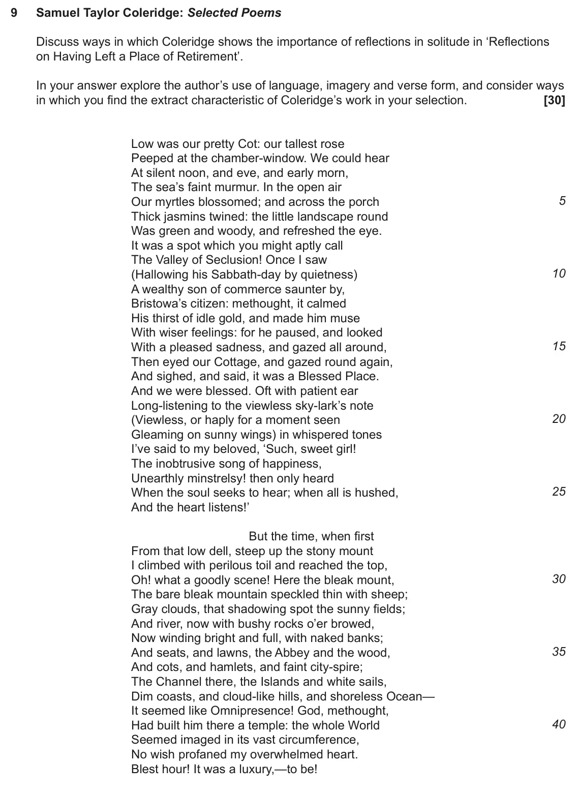 June 2023 AS Component 1, question 9: Samuel Taylor Coleridge: Selected Poems Discuss ways in which Coleridge shows the importance of reflections in solitude in ‘Reflections on Having Left a Place o
