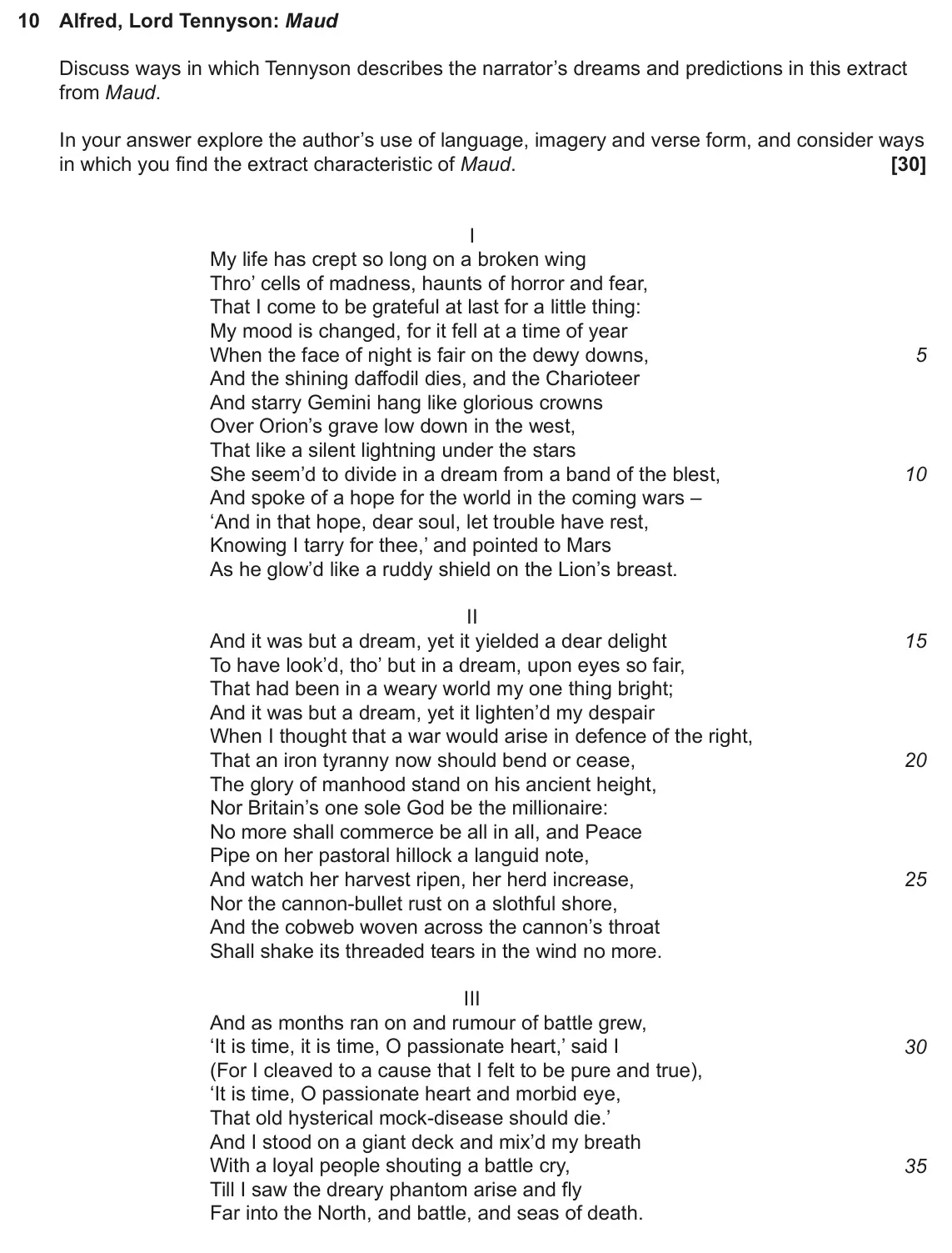 June 2023 AS Component 1, question 10: Alfred, Lord Tennyson: Maud Discuss ways in which Tennyson describes the narrator’s dreams and predictions in this extract from Maud. In your answer explore the