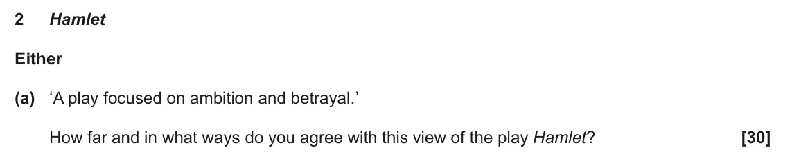 June 2024 AS Component 1, question 2(a): ‘A play focused on ambition and betrayal.’ How far and in what ways do you agree with this view of the play Hamlet?