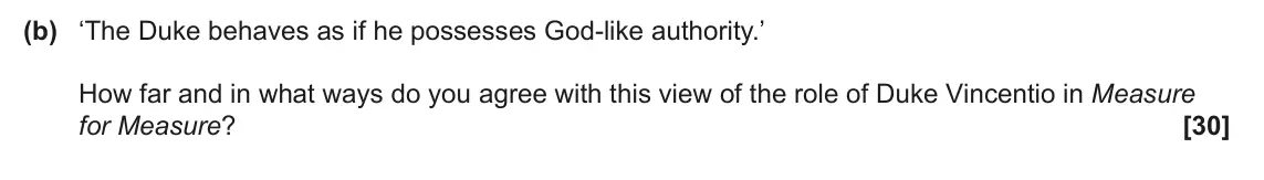 June 2024 AS Component 1, question 3(b): ‘The Duke behaves as if he possesses God-like authority.’ How far and in what ways do you agree with this view of the role of Duke Vincentio in Measure for Meas