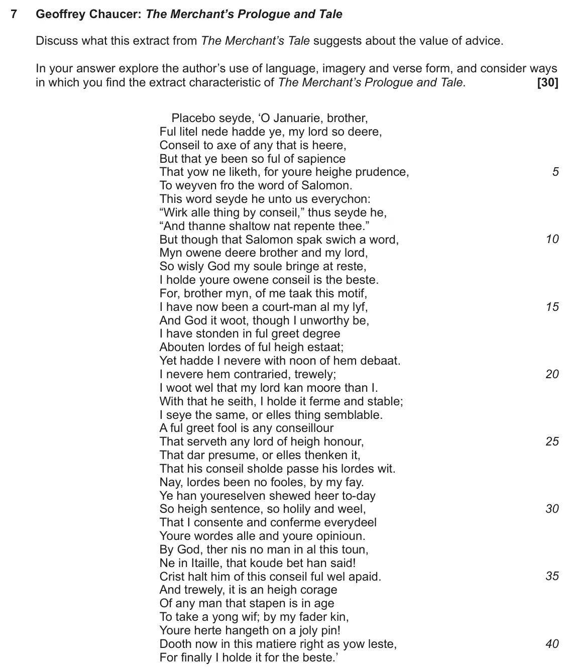 June 2024 AS Component 1, question 7: Geoffrey Chaucer: The Merchant’s Prologue and Tale Discuss what this extract from The Merchant’s Tale suggests about the value of advice. In your answer explore