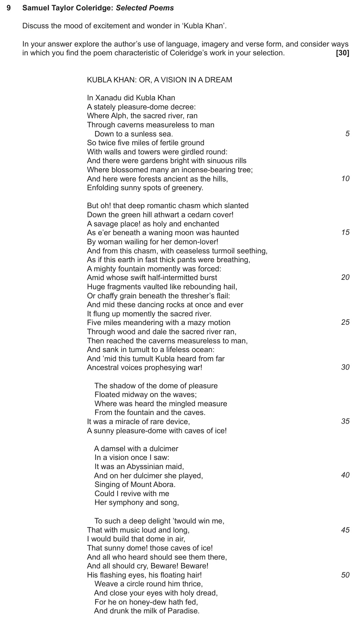 June 2024 AS Component 1, question 9: Samuel Taylor Coleridge: Selected Poems Discuss the mood of excitement and wonder in ‘Kubla Khan’. In your answer explore the author’s use of language, imagery 