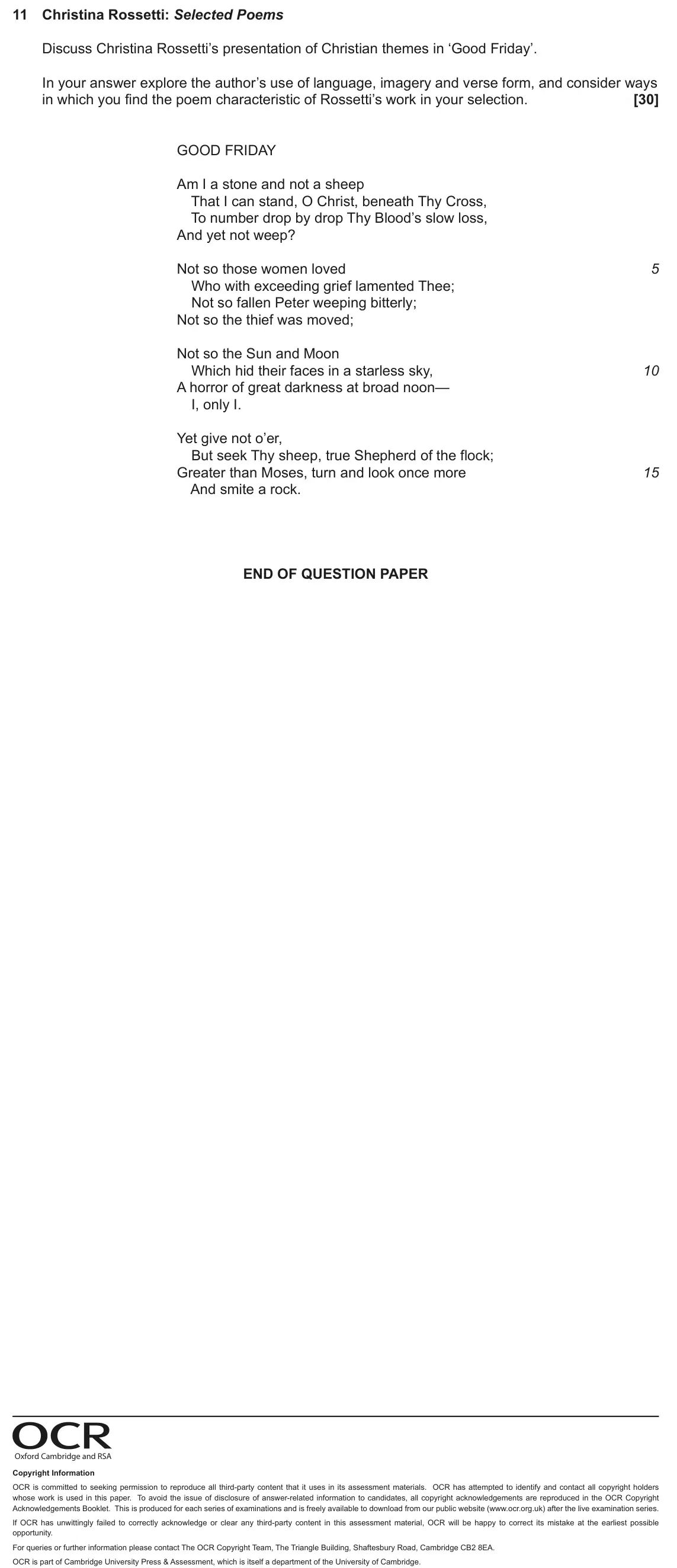 June 2024 AS Component 1, question 11: Christina Rossetti: Selected Poems Discuss Christina Rossetti’s presentation of Christian themes in ‘Good Friday’. In your answer explore the author’s use of la