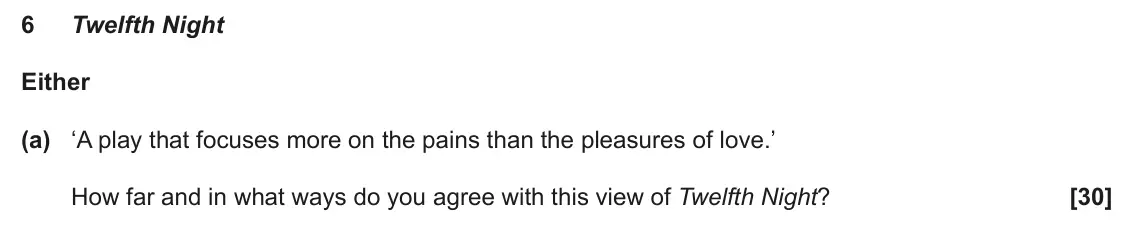 June 2025 AS Component 1, question 6(a): ‘A play that focuses more on the pains than the pleasures of love.’ How far and in what ways do you agree with this view of Twelfth Night?